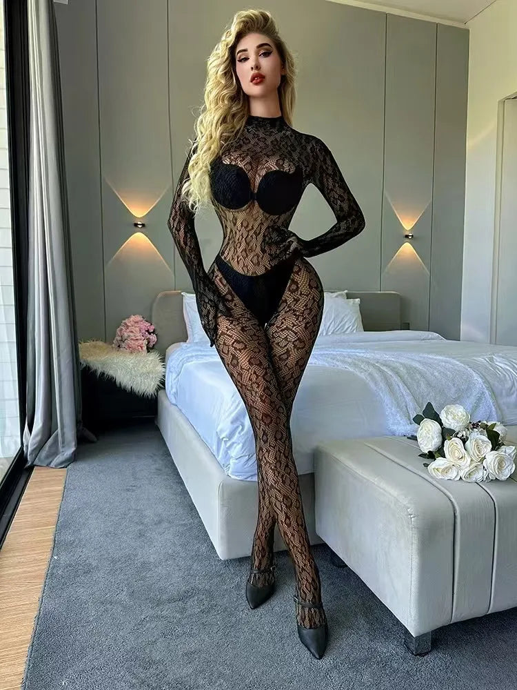 Women Sexy Leopard Hollow Out Mesh Bodystocking