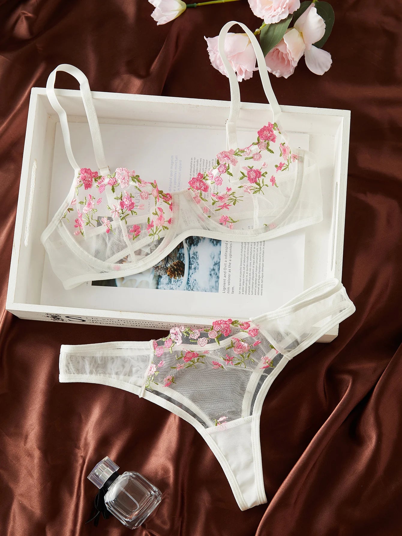 Embroidery Sexy Lingerie Set Hot Semi-Sheer