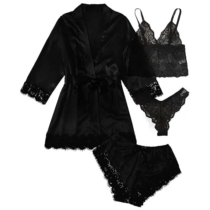 4 Pieces Woman Sleepwear Pajamas Ser With Robe