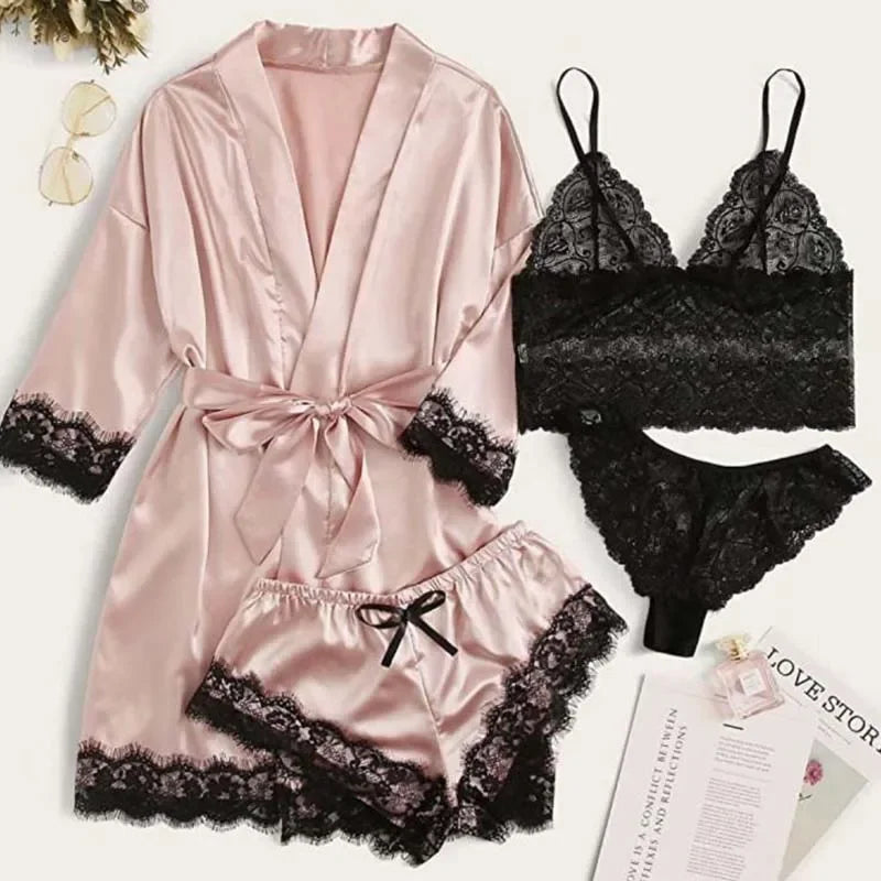 4 Pieces Woman Sleepwear Pajamas Ser With Robe