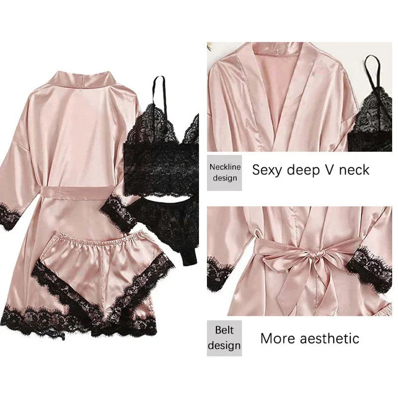 4 Pieces Woman Sleepwear Pajamas Ser With Robe