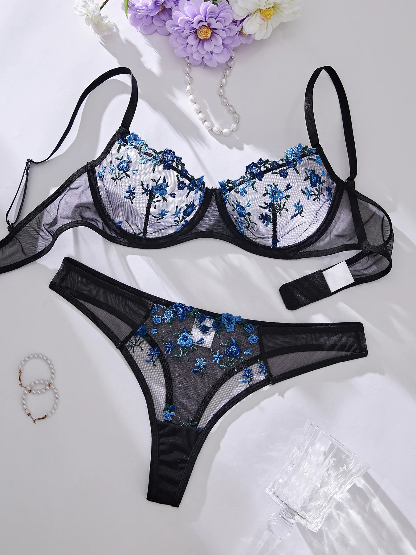 Embroidery Sexy Lingerie Set Hot Semi-Sheer