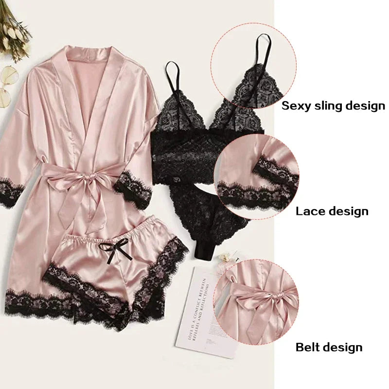4 Pieces Woman Sleepwear Pajamas Ser With Robe