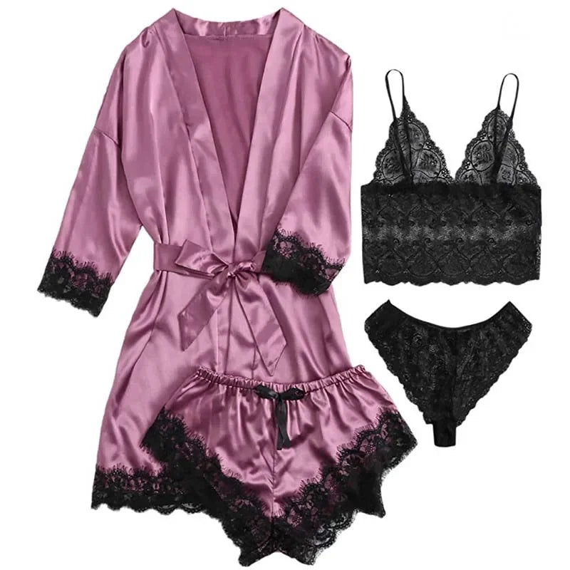 4 Pieces Woman Sleepwear Pajamas Ser With Robe