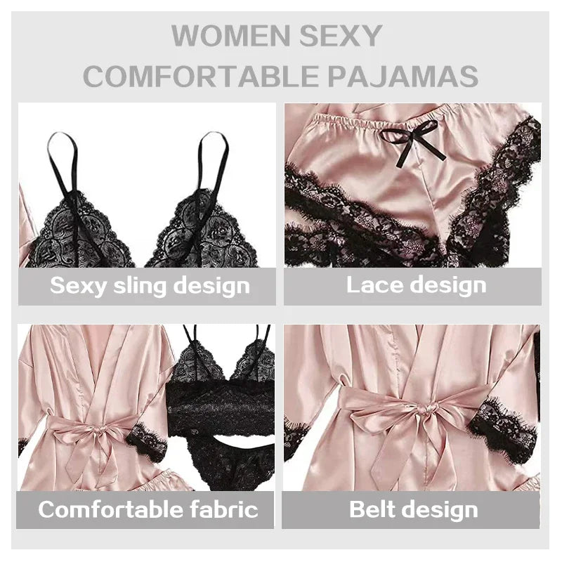 4 Pieces Woman Sleepwear Pajamas Ser With Robe