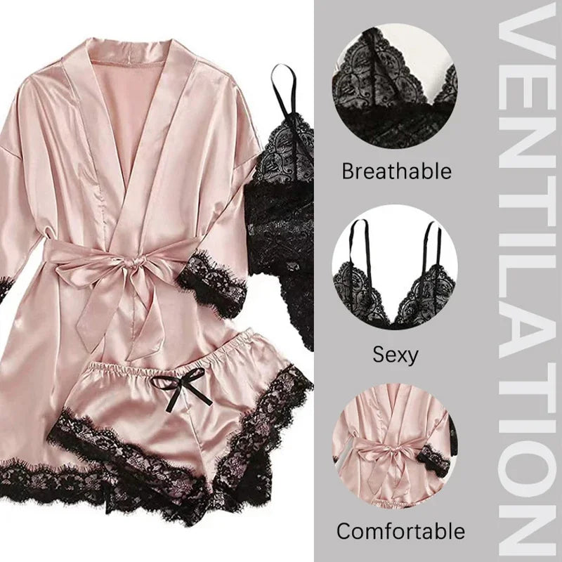 4 Pieces Woman Sleepwear Pajamas Ser With Robe