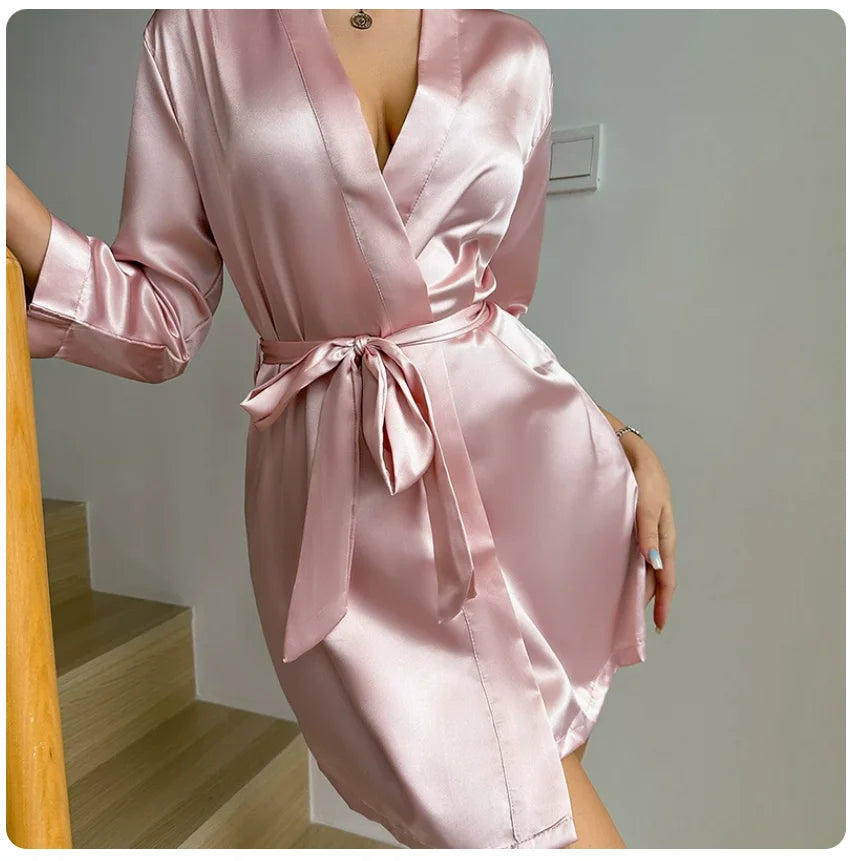 Women's Short Kimono Robe Silky Satin Bathrobe