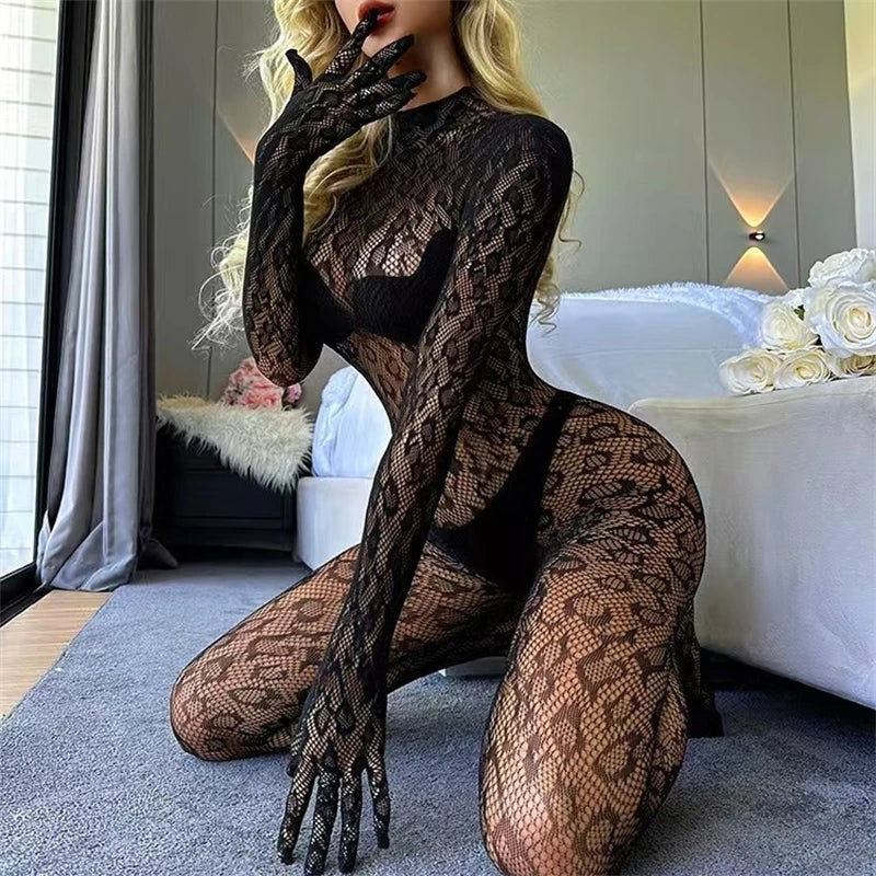 Women Sexy Leopard Hollow Out Mesh Bodystocking