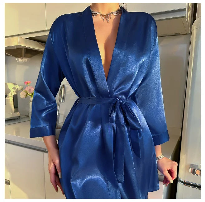 Women's Short Kimono Robe Silky Satin Bathrobe