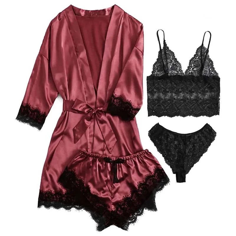 4 Pieces Woman Sleepwear Pajamas Ser With Robe