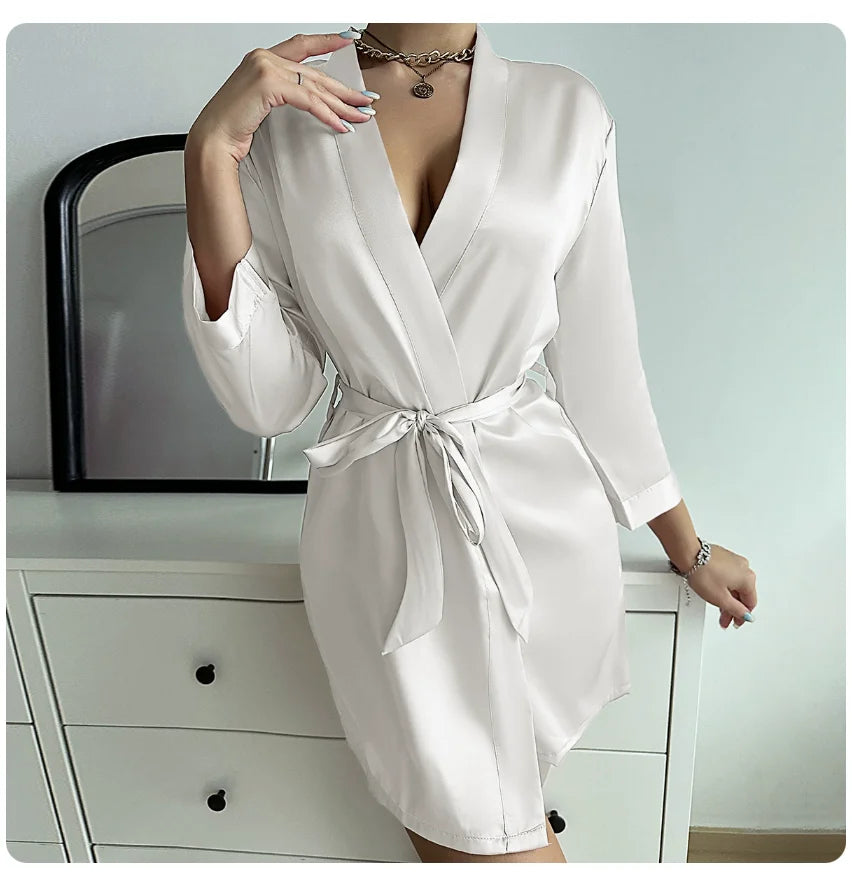 Women's Short Kimono Robe Silky Satin Bathrobe