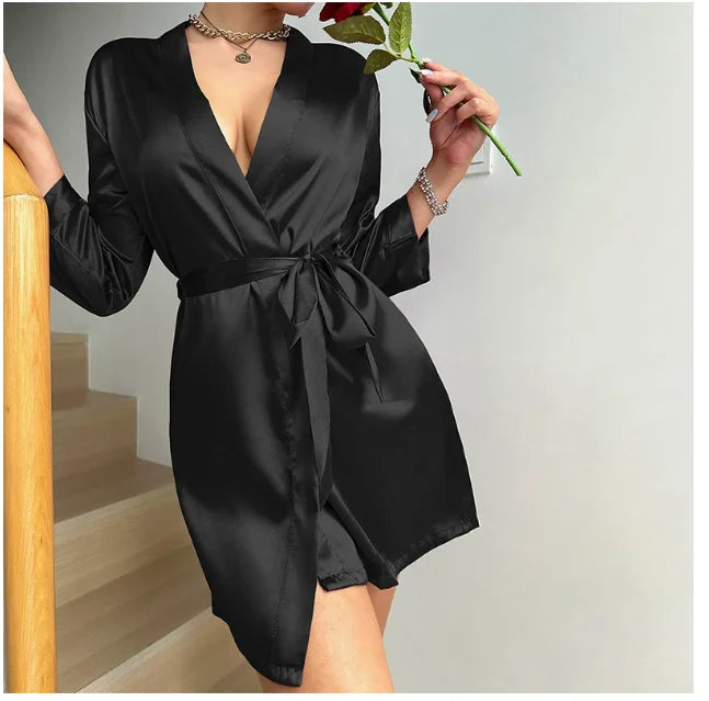 Women's Short Kimono Robe Silky Satin Bathrobe